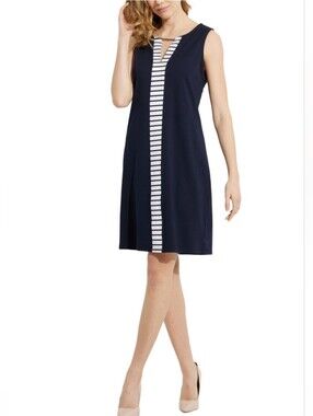Orly Navy Sleeveless Shift Dress With White Striped Trim Size S